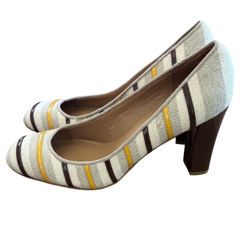 Talbots | Women's Beige Striped Fabric Heels |‎ Round Toe Pumps | Size 8.5 M